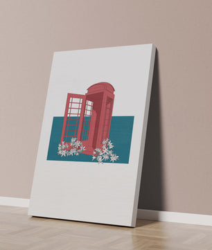 A Pink Phone Booth Surrounded by Flowers on a Teal Background