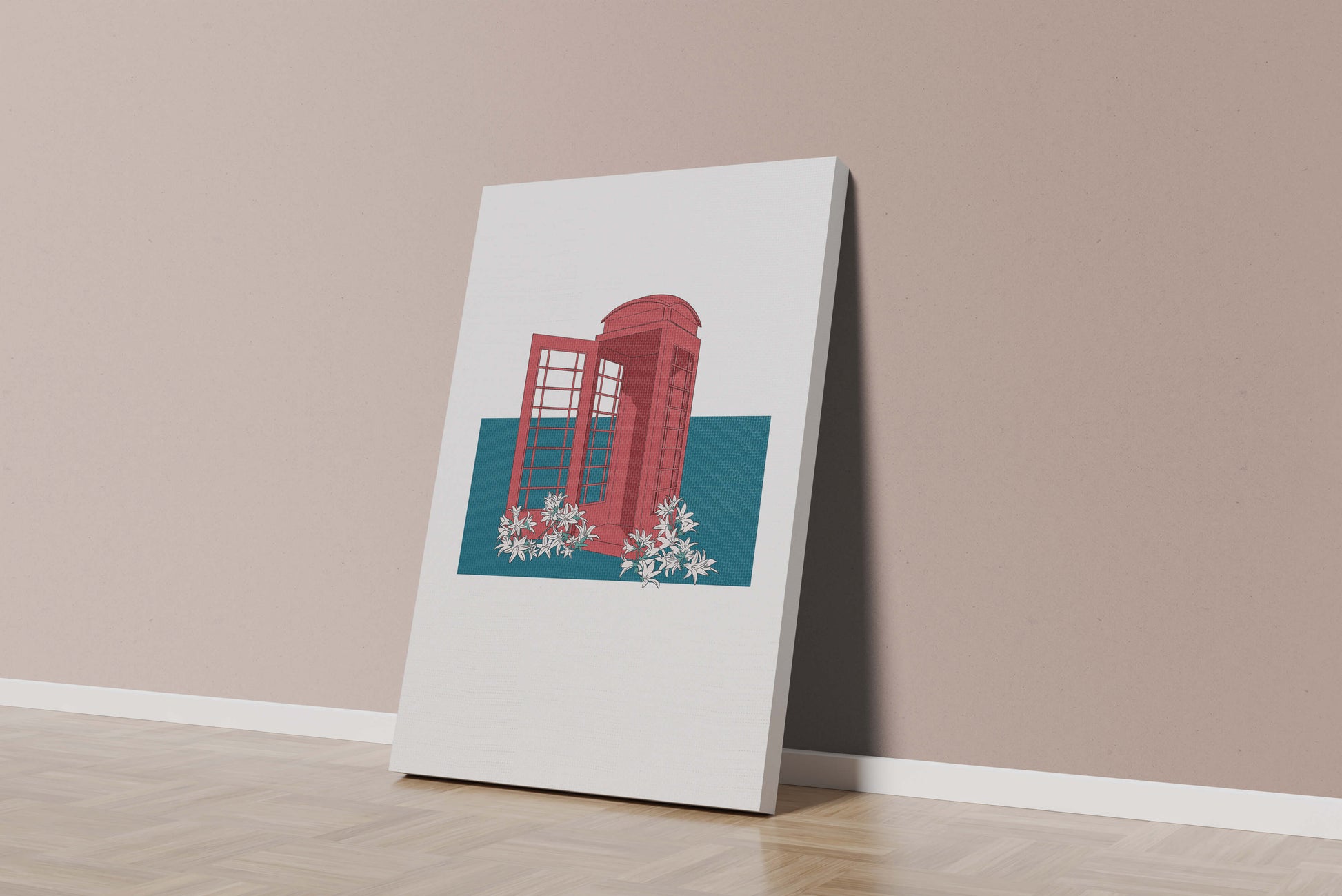A Pink Phone Booth Surrounded by Flowers on a Teal Background