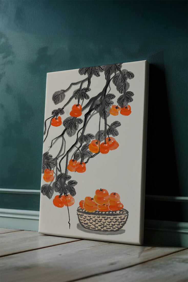 Artistic depiction of hanging persimmons with basket on watercolor canvas
