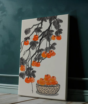 Künstlerische Darstellung von hängenden Kakis mit Korb auf Aquarell-Leinwand