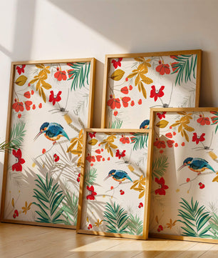 Oiseaux et feuillages colorés dans un décor botanique tropical