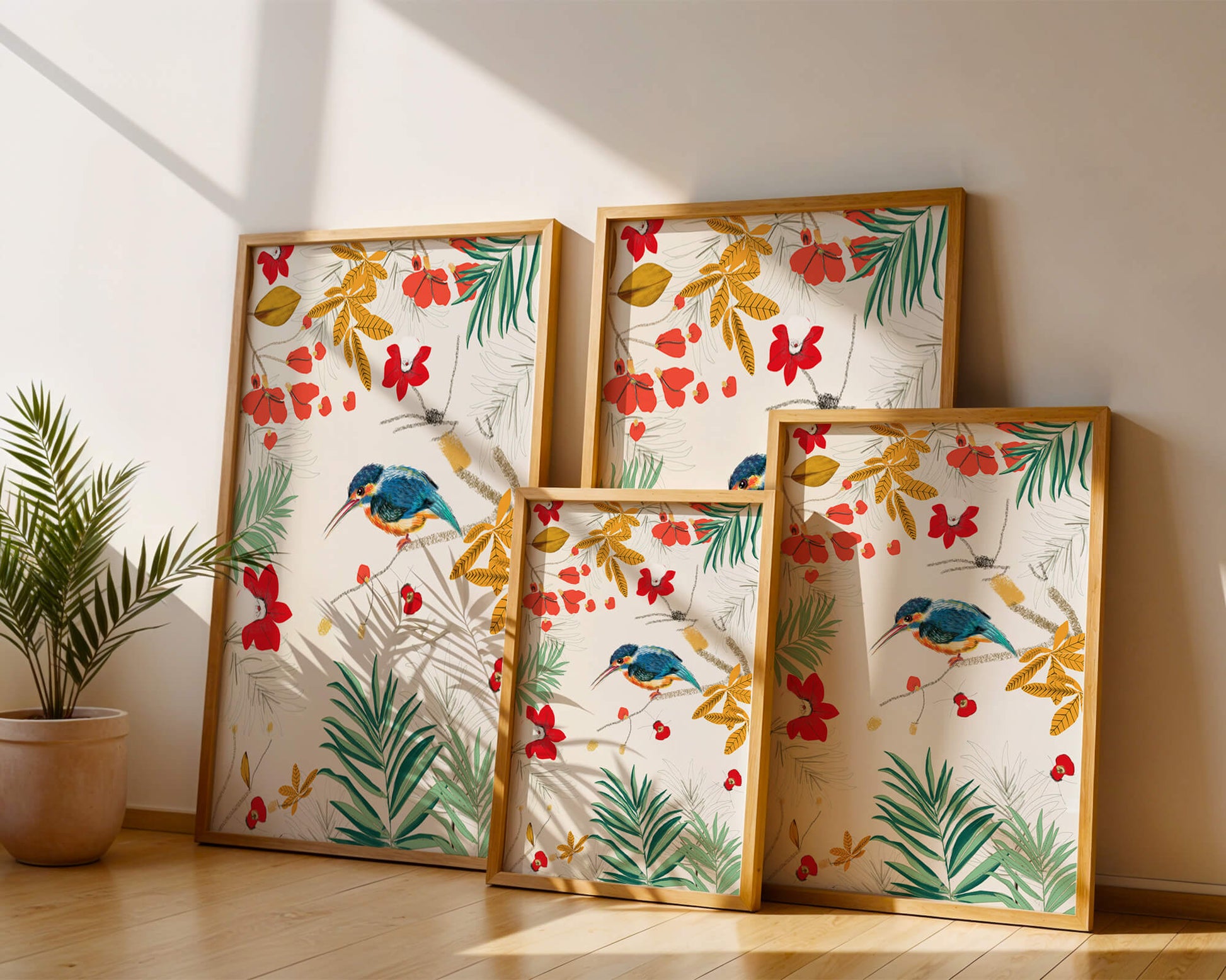 Oiseaux et feuillages colorés dans un décor botanique tropical