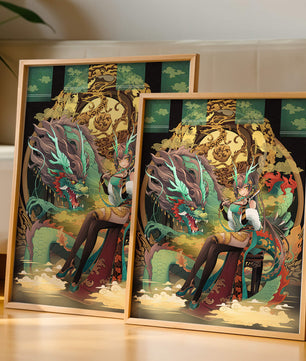Art fantastique élégant d'une femme avec un dragon majestueux et des éléments dorés