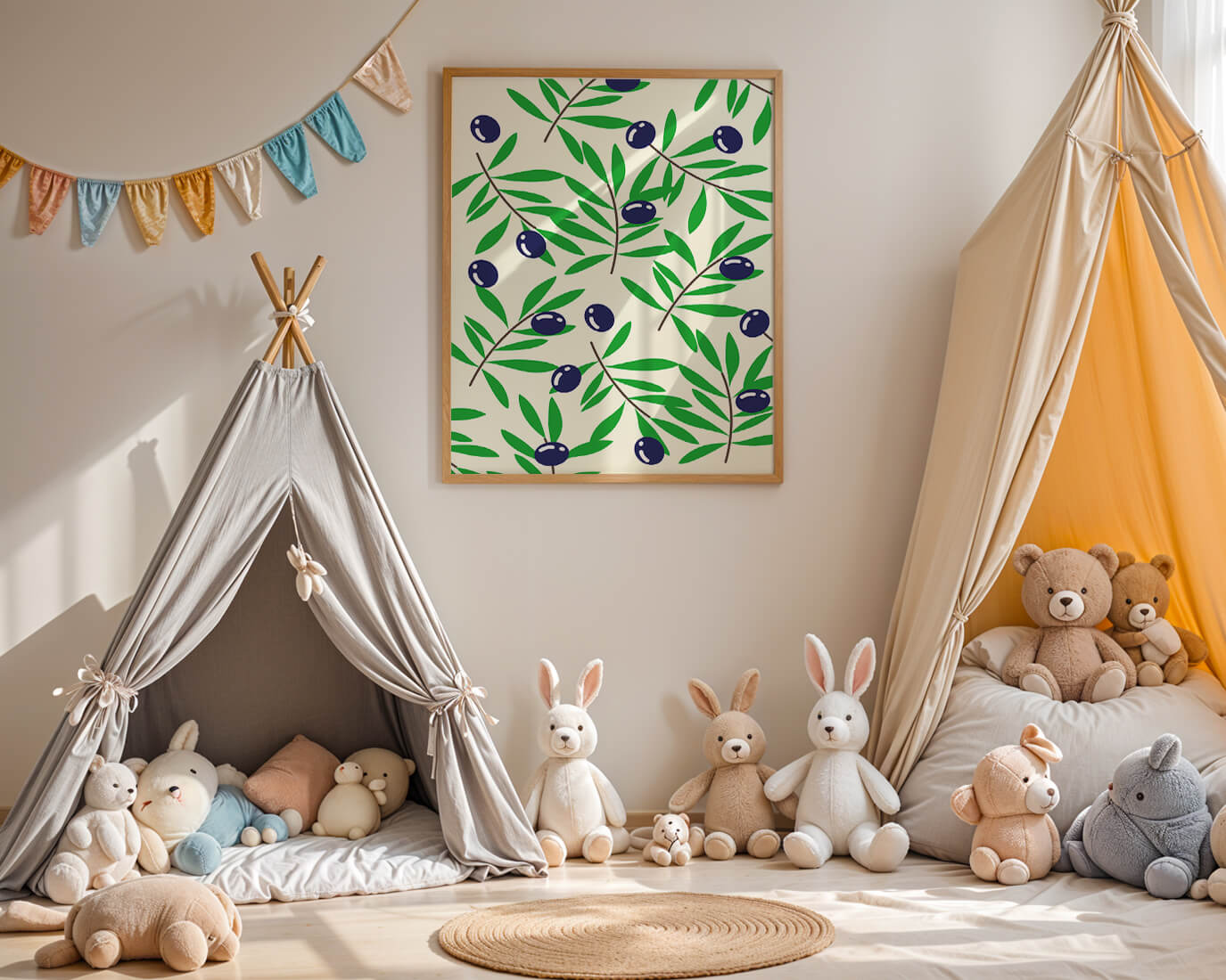 Olive branch pattern with green leaves and blue olives