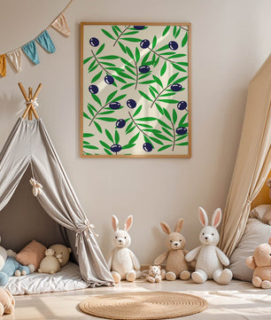 Olive branch pattern with green leaves and blue olives