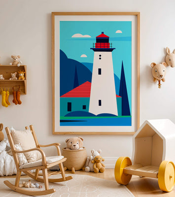 Modern illustration of a lighthouse with vibrant colors