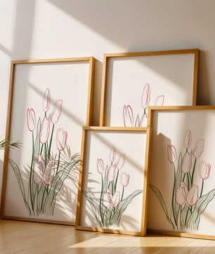 Wunderschöne rosa Tulpen mit grünen Blättern auf einer minimalistischen Leinwand