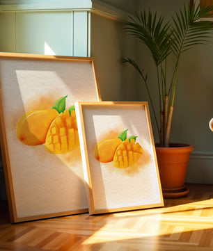 Watercolor depiction of a ripe mango with leaves on textured background