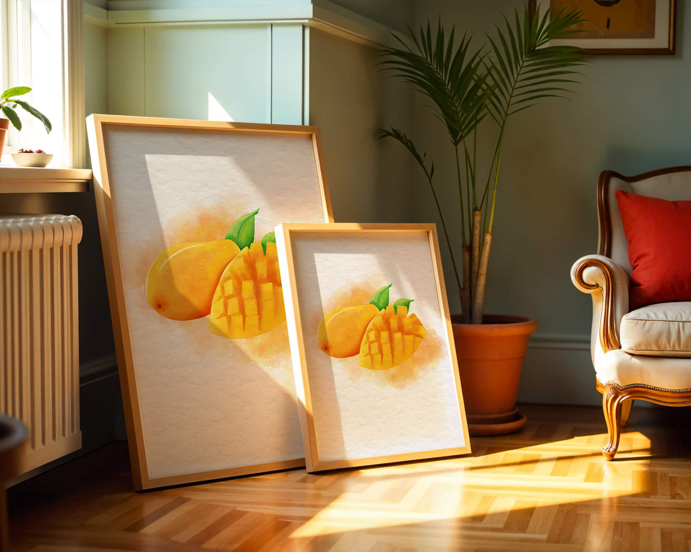 Watercolor depiction of a ripe mango with leaves on textured background