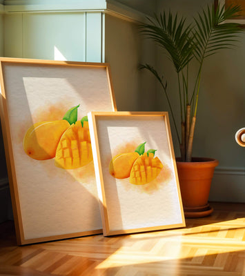 Watercolor depiction of a ripe mango with leaves on textured background