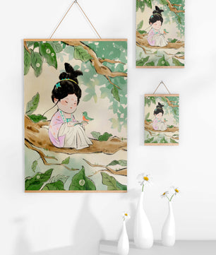 Serene illustration of a girl with a bird in a tree