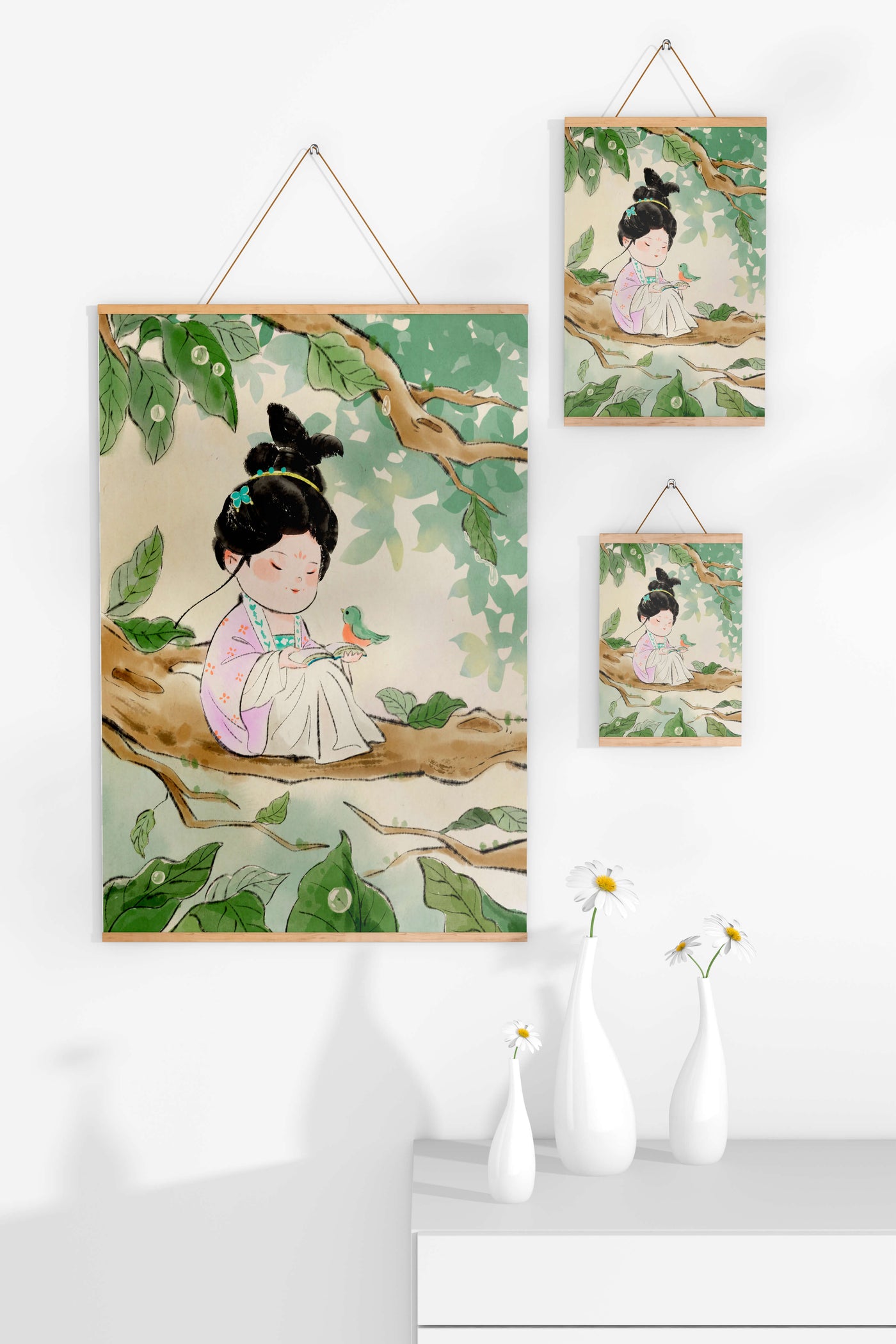 Serene illustration of a girl with a bird in a tree