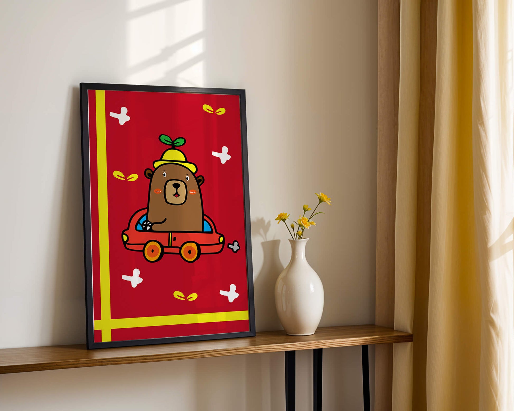 Whimsical bear driving a car on a bright red background