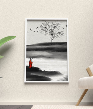 Monje contemplativo con pájaros y árbol desnudo en un paisaje sereno