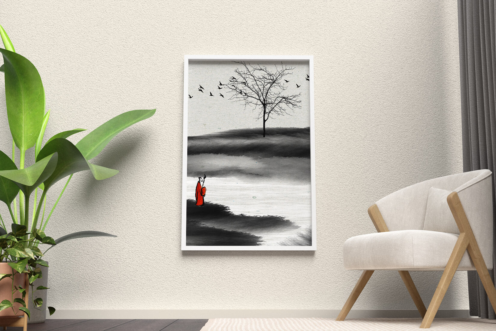 Contemplative Monk with Birds and Bare Tree in Serene Landscape