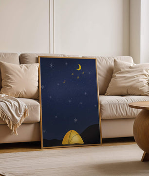 Camping Under Night Sky with Stars and Crescent Moon