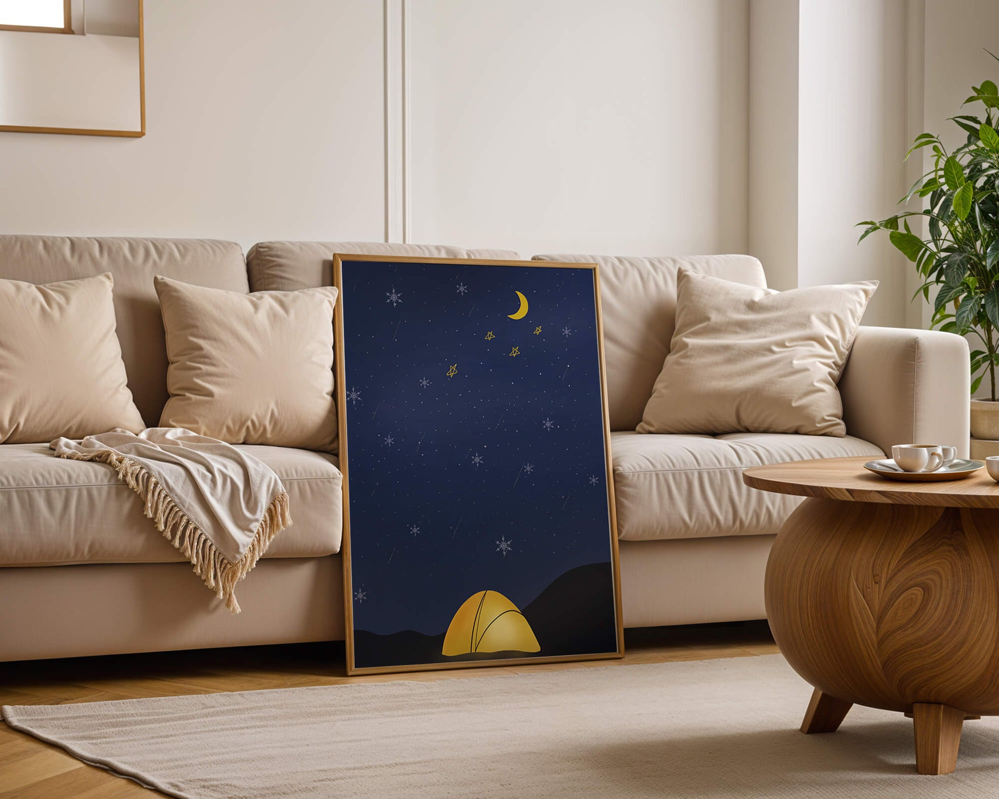 Camping Under Night Sky with Stars and Crescent Moon