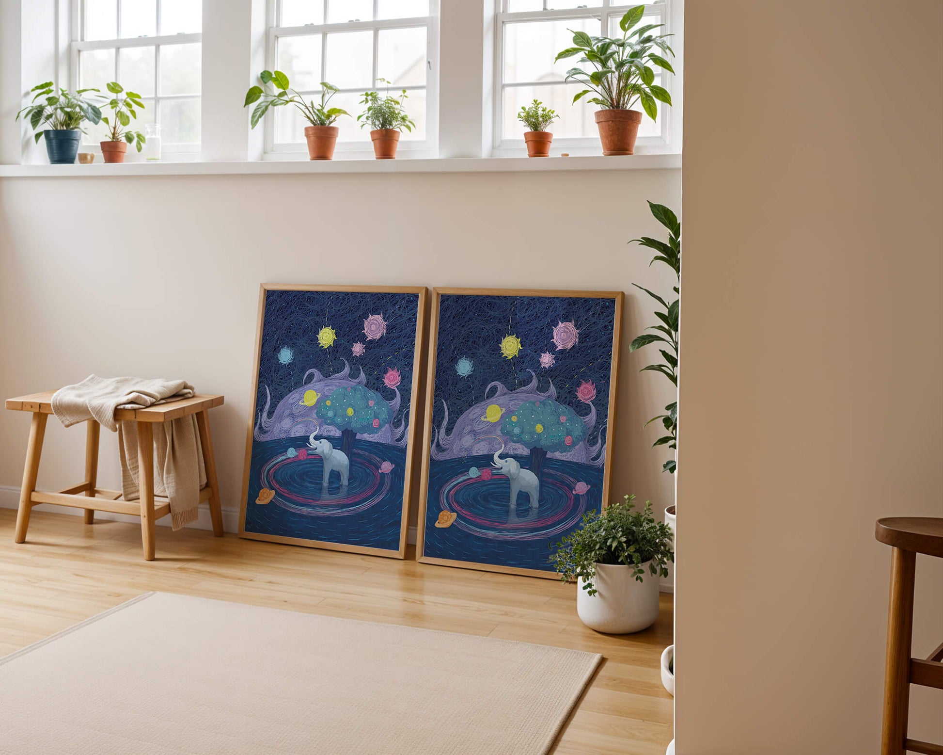Éléphant fantastique avec arbre et fond cosmique