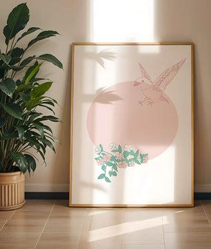 Pájaro pastel con elementos florales en estilo minimalista