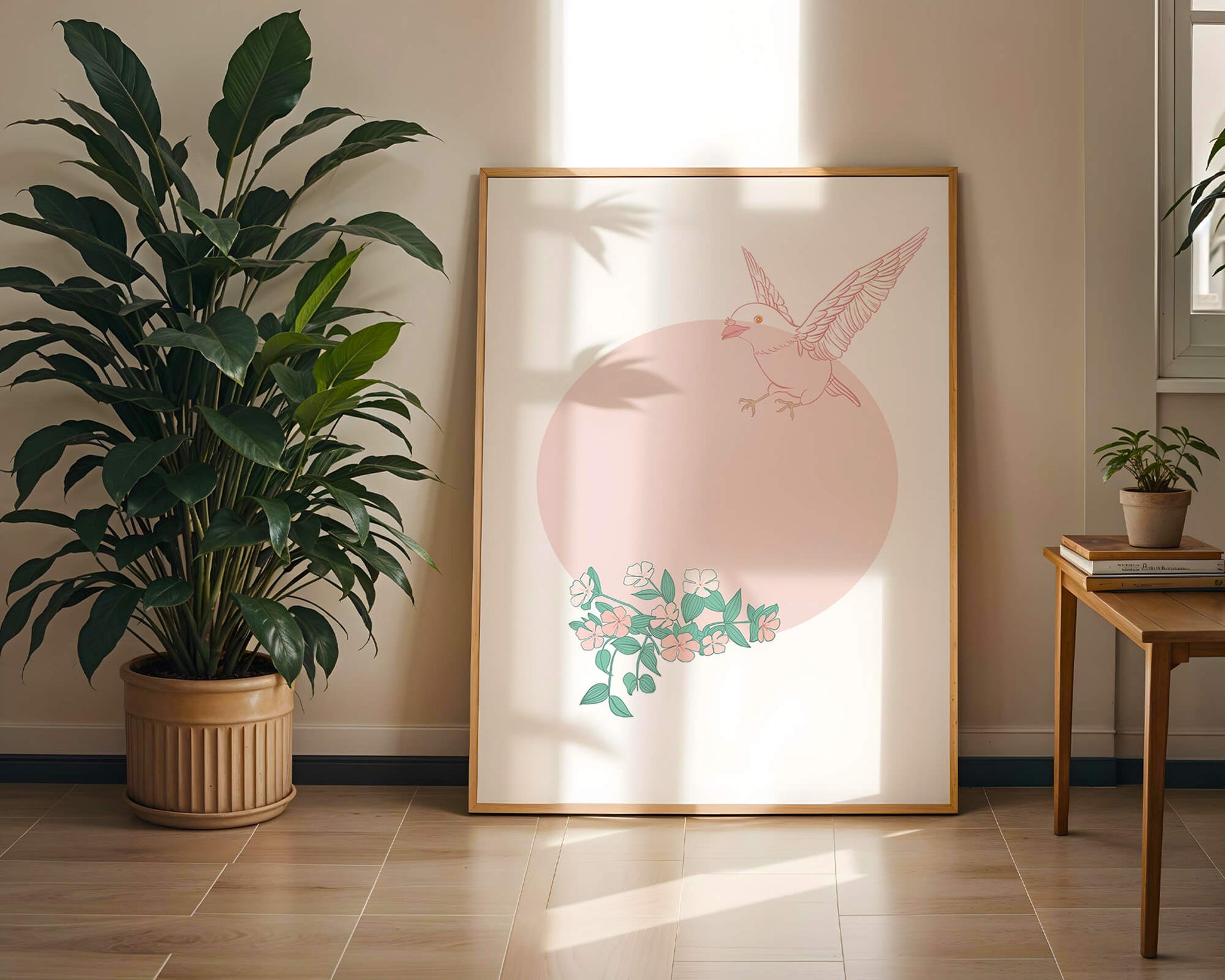 Pájaro pastel con elementos florales en estilo minimalista