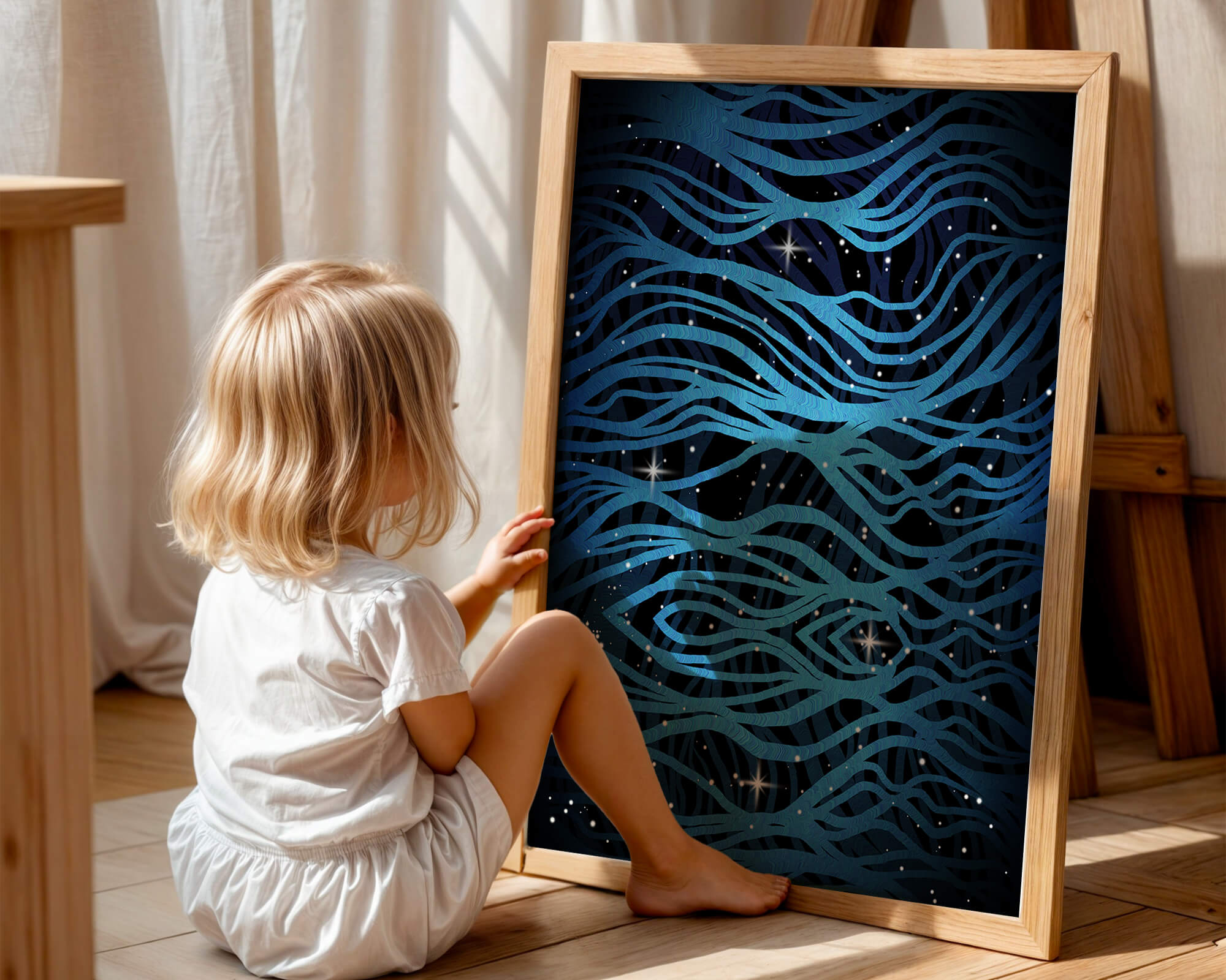 Abstract blue wave lines with starry night background