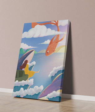 Escena onírica con vida marina y figura flotante en el cielo