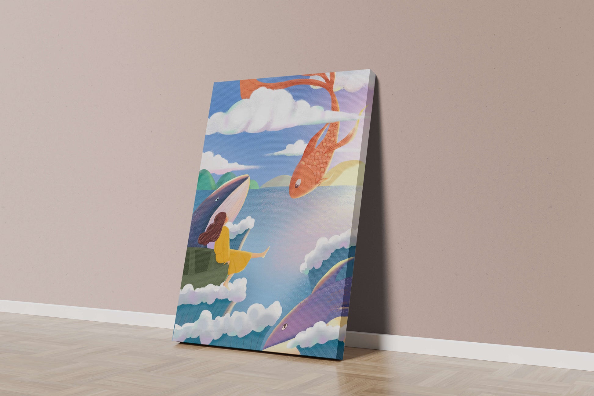 Dreamlike scene with marine life and floating figure in the sky