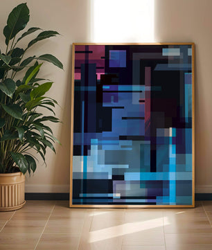 Arte digital geométrico abstracto con tonos azules y morados