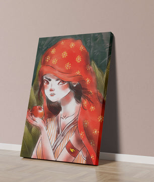 Illustration d'une fille en capuchon rouge tenant une pomme dans une forêt