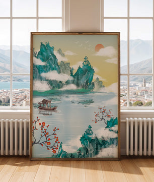 Serene lake scene with traditional boat and mountains under morning sun