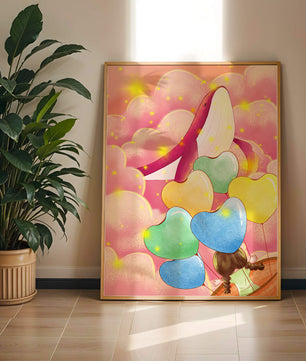 Globos con forma de corazón y ballena en una escena caprichosa y colorida