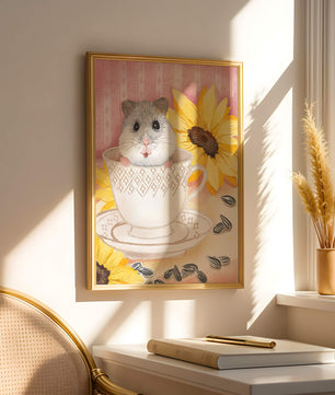 Hámster adorable en una taza de té con girasoles y semillas