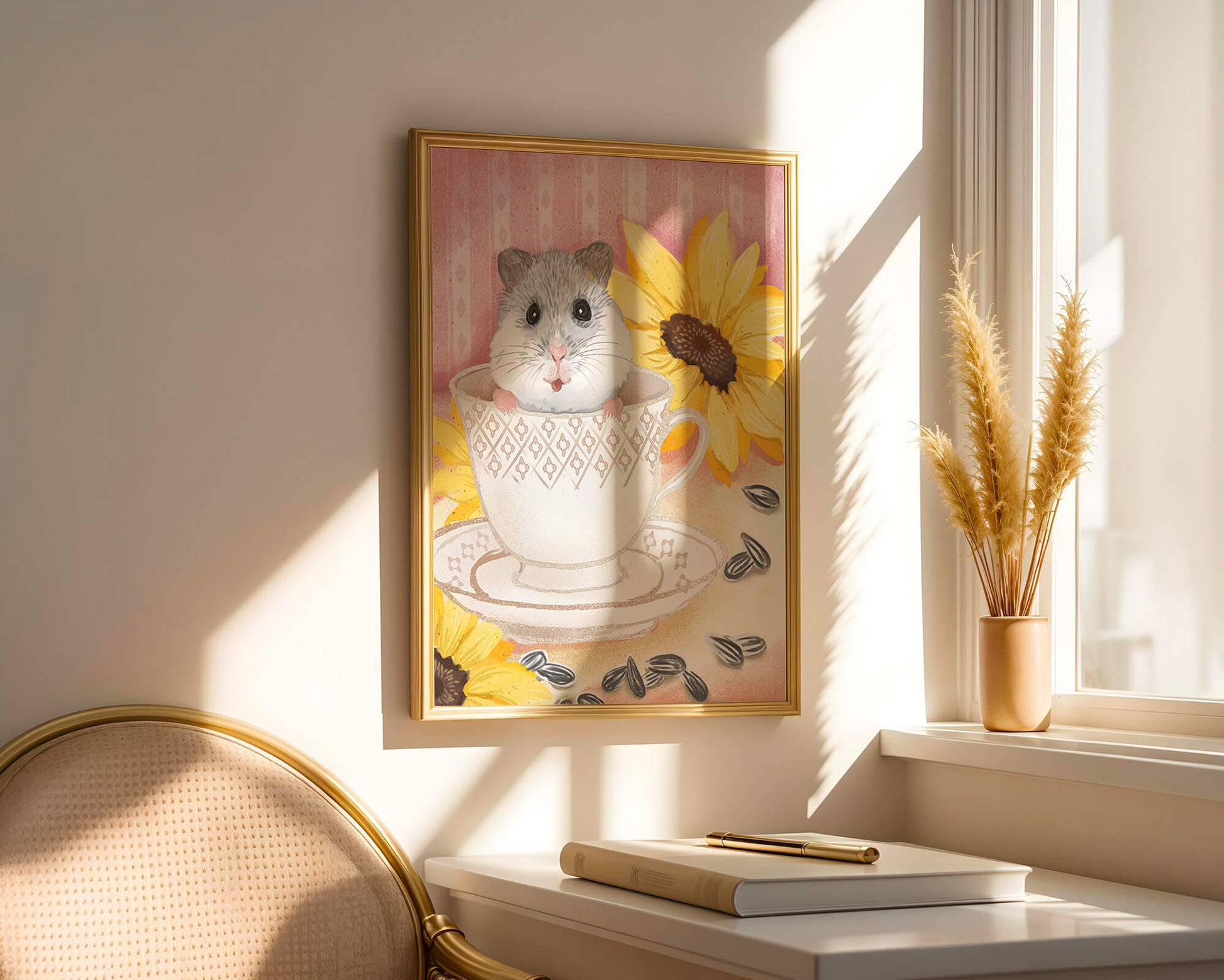 Adorable hamster in teacup with sunflowers and seeds