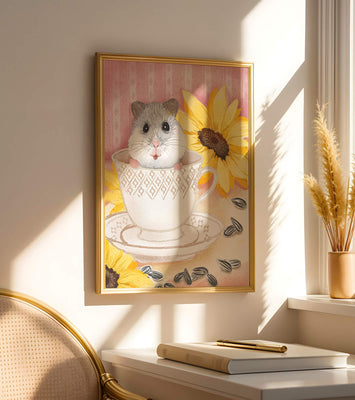 Adorable hamster in teacup with sunflowers and seeds