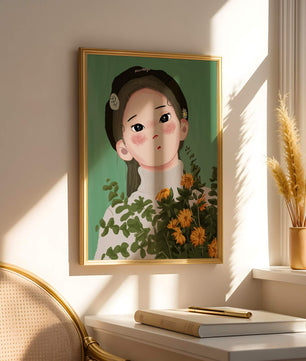 Illustration of a girl with flowers and a beret on a green background