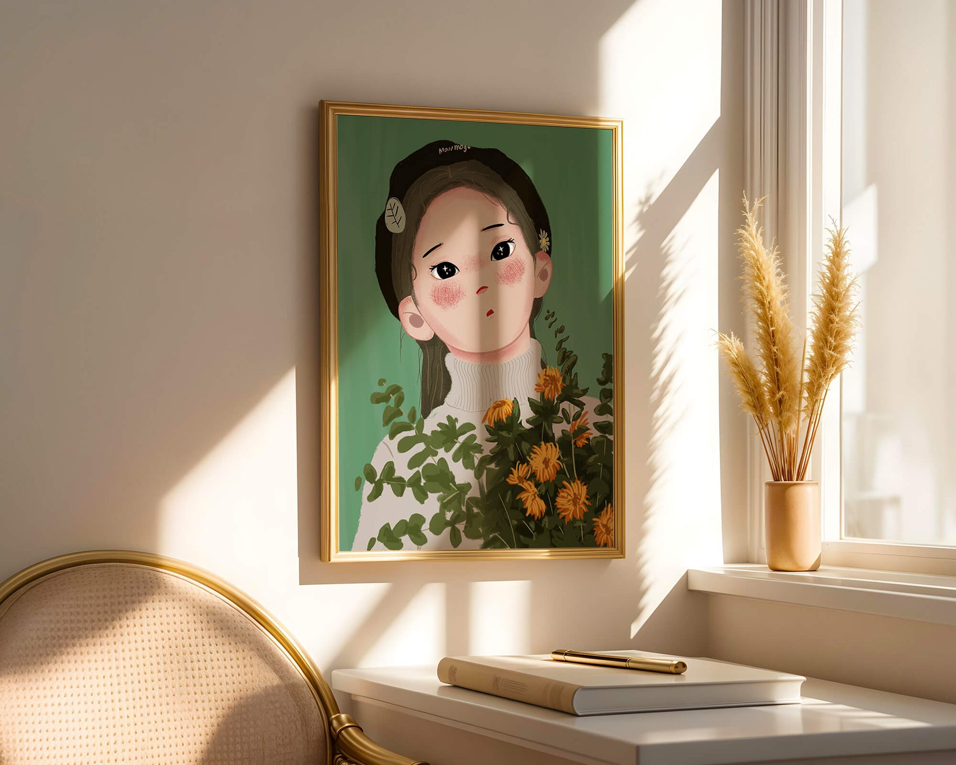 Illustration of a girl with flowers and a beret on a green background