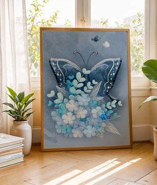 Elegant butterfly with blue floral arrangement artwork