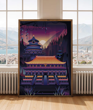 Neon Asian Temple at Sunset in Stylized Landscape