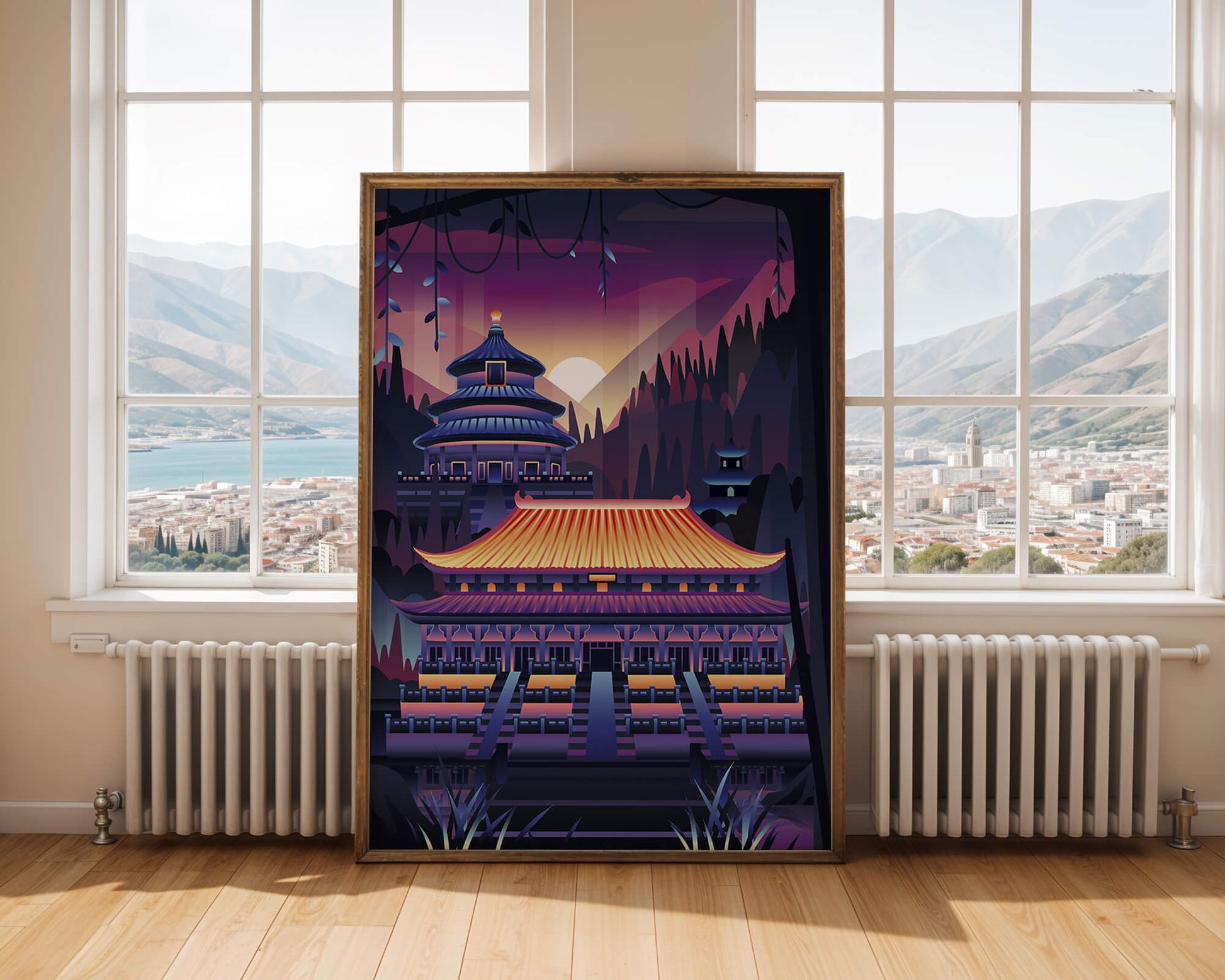 Neon Asian Temple at Sunset in Stylized Landscape