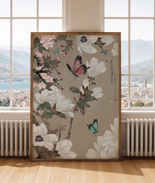 Mariposas y flores con colores pastel suaves y composición floral artística