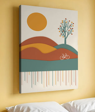 Abstract landscape with bicycle and tree in vibrant colors