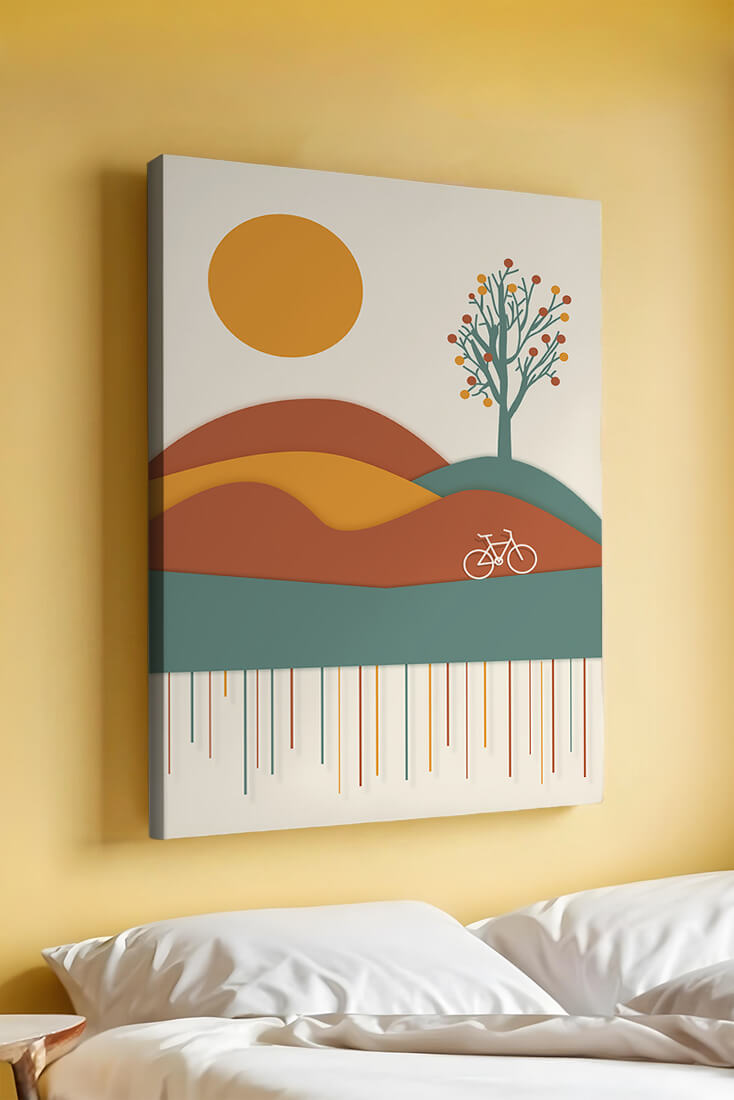 Abstract landscape with bicycle and tree in vibrant colors