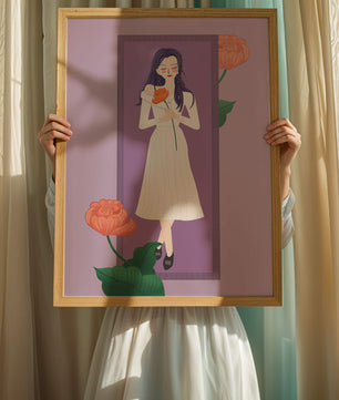 Illustration of a woman holding a flower in a serene pose