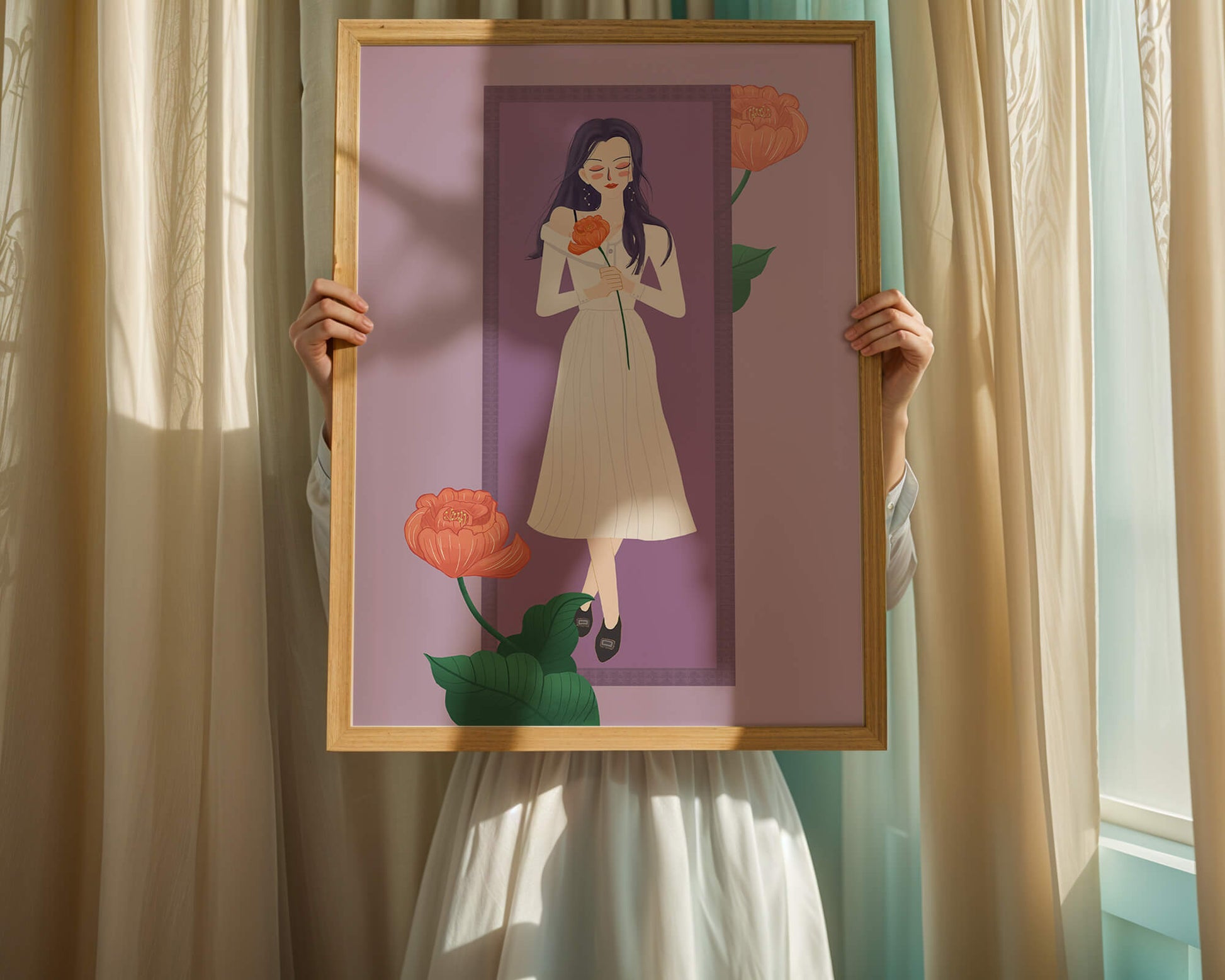 Illustration of a woman holding a flower in a serene pose