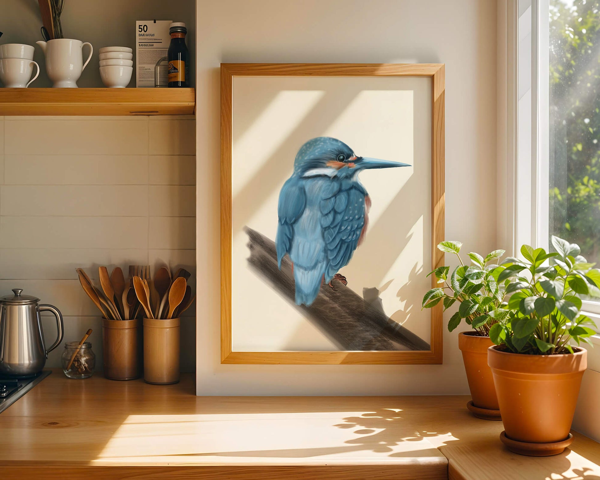 Illustration of a vibrant blue bird on a branch
