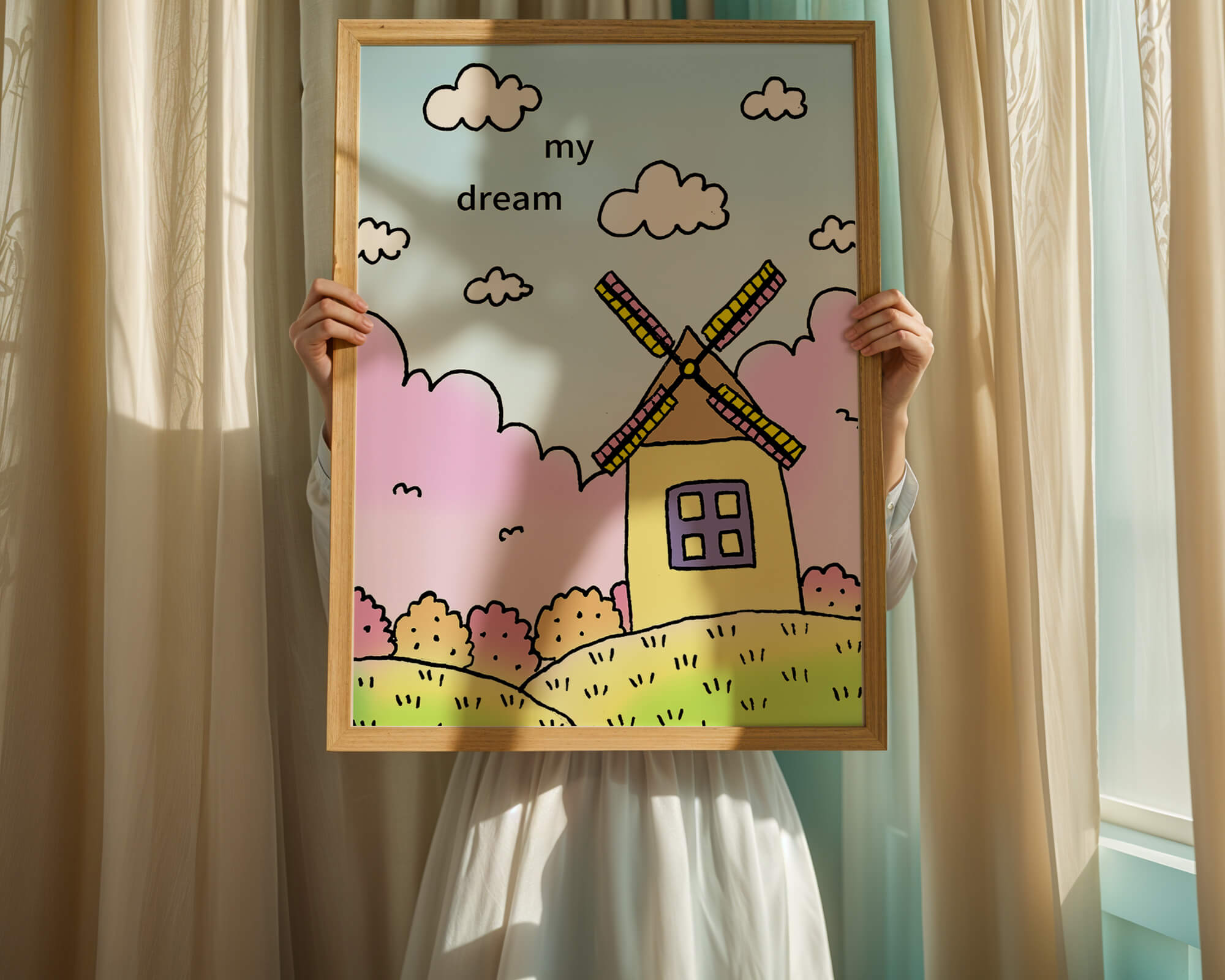 Windmill in a pastel landscape with fluffy clouds and bushes