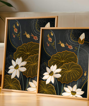Bassin à carpes koï serein avec des accents de lotus blanc et de poissons dorés