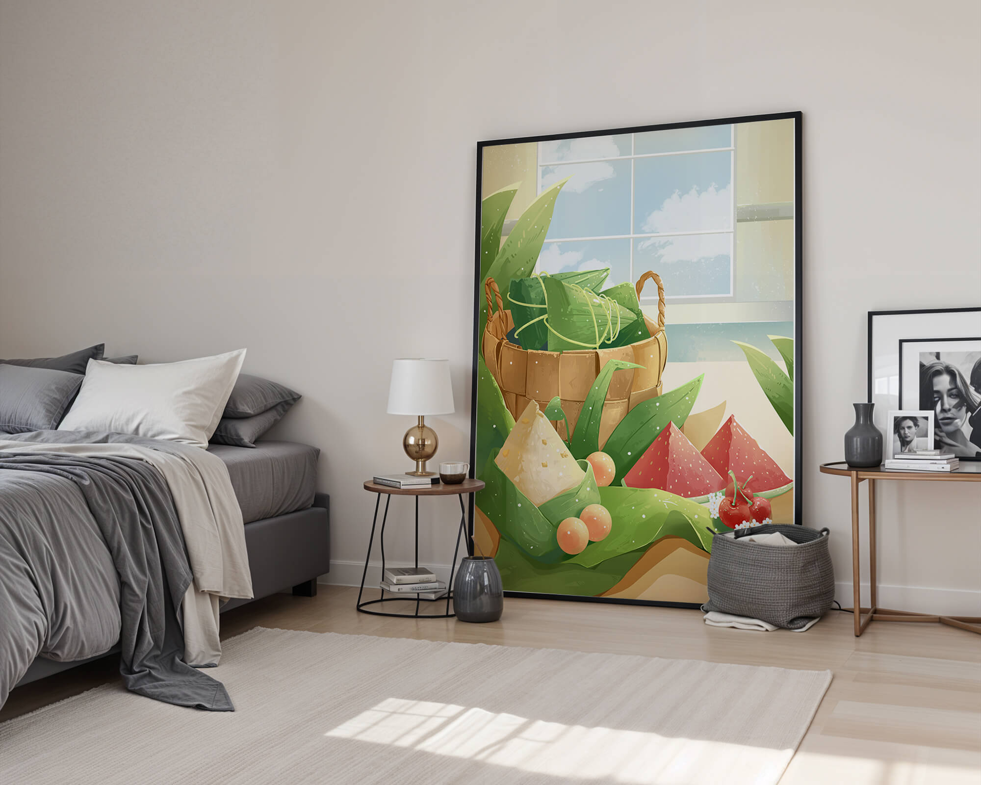 Serene kitchen scene with basket of fruits and leaves