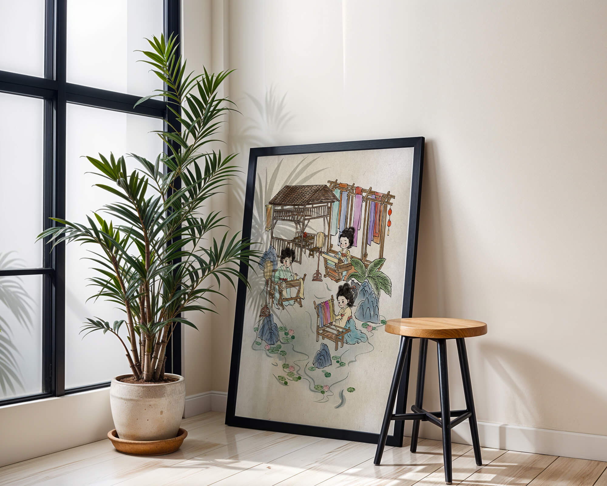 Charming illustration of traditional textile crafts in a serene setting