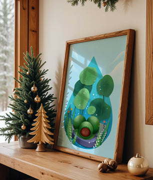 Nature-inspired abstract illustration with leaves and spheres